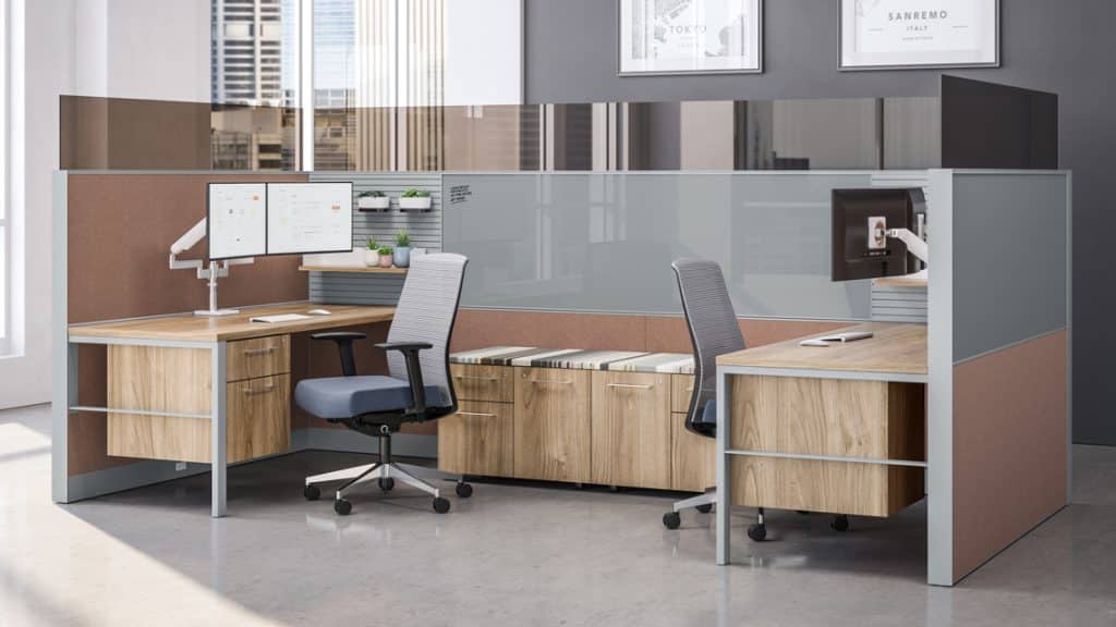 Kimball open workstation, chair and table set up, adjustable computer arms Office furniture