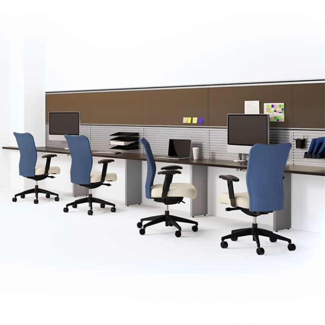 Kimball table and chair set up, tack board Office furniture