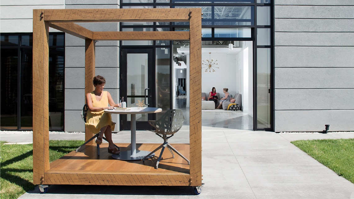Kimball outdoor seating area , lounge, open office, chairs and side tables Office furniture