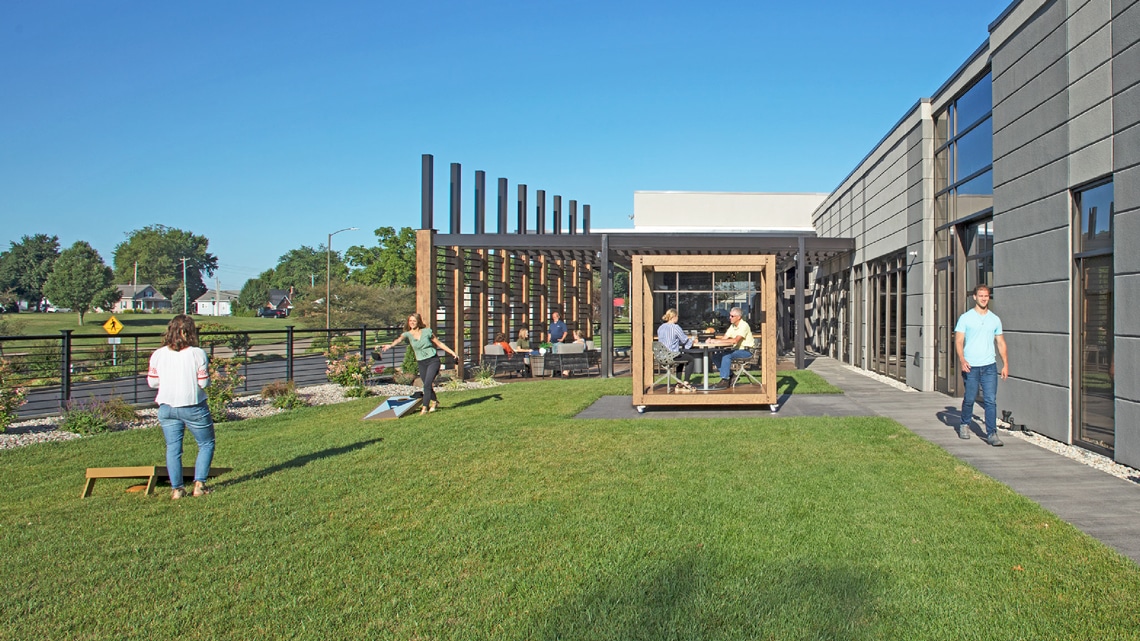 Kimball outdoor seating area, break area, outdoor work area, chairs table, Kimball Office furniture